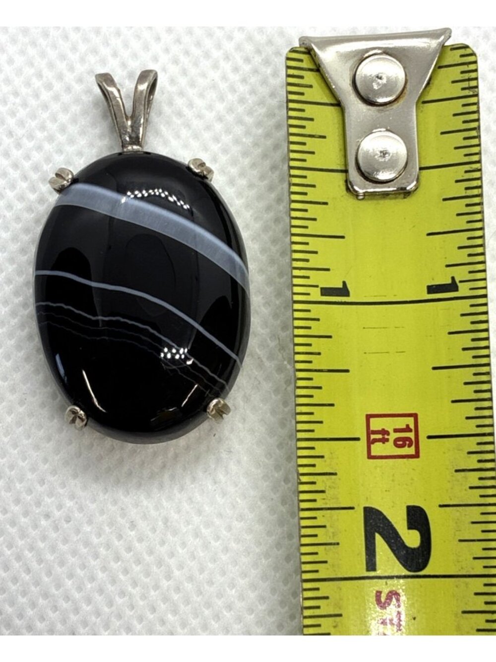 Vintage 1980s Black Banded Agate Pendant 1"x.75" Sterling Silver Bezel Setting